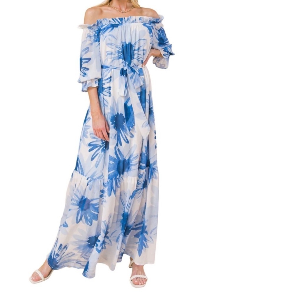 Flying‎ Tomato Women’s Off Shoulder Blue Floral Maxi Tie Waist Dress Size Medium